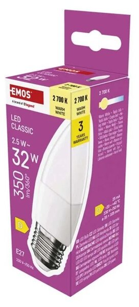 Emos ZQ4D11 E27 / 2,5 W (32 W) / 350 lm / meleg fehér classic gyertya LED izzó