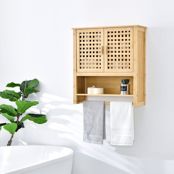 Fürdőszobai fali szekrény Borlänge bambusz beépített törölközőtartóval