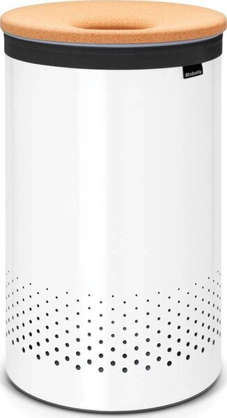 Brabantia Laundry Bin szennyestartó szellőző nyílásokkal, tépőzáras, mosható szennyesgyűjtő zsák, henger forma, nagy méret 60L, parafa fedő, acél, fehér - 104404
