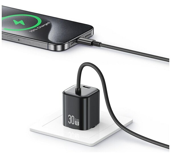 Usams JC Mini Hálózati Töltő Type-C Aljzat 30W, Gan + Fix Type-C Kábel, Fehér