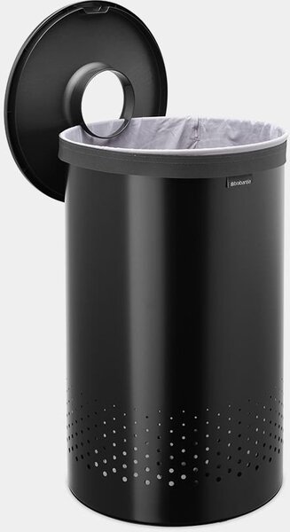 Brabantia Laundry Bin szennyestartó szellőző nyílásokkal, tépőzáras, mosható szennyesgyűjtő zsák, henger forma, nagy méret 60L, műanyag fedő, acél, sötétszürke - 242380
