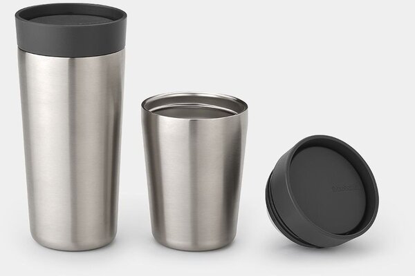 Brabantia Make&Take Insulated Flask duplafalú termoszbögre 360ml, hideg és meleg italok számára, szivárgásmentes, snap lid fedél, r.m. acél, sötétszürke - 228681