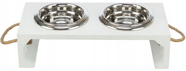 Trixie Be Nordic 2-es Készlet Rozsdamentes Acél Tálak, MDF Fa Tartóval, 2x0.9 l/17 cm/44x21x14 cm, Fehér, 24836