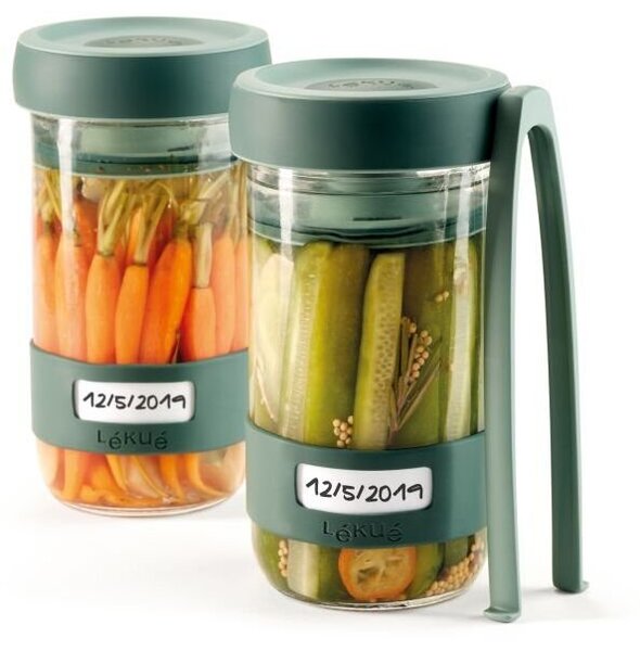 Lékué Pickles Kit házi savanyúság készítő szett, 2db 0,7L-es befőttes üveg szelepes fedéllel, préskoronggal + 1db csipesz, halmozható, üveg test - 885723