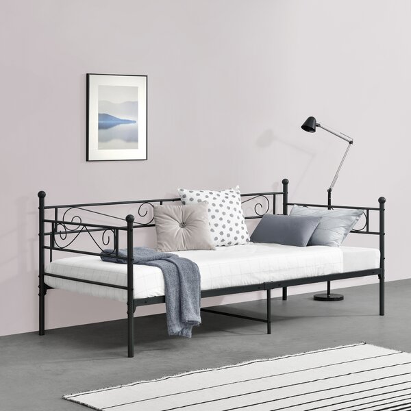 Egyszemélyes fém ágy Kerava 90x200 cm acélváz, szinterezett 200 Kg dekoratív fej-és lábrész fekete, matt fém ágyráccsal
