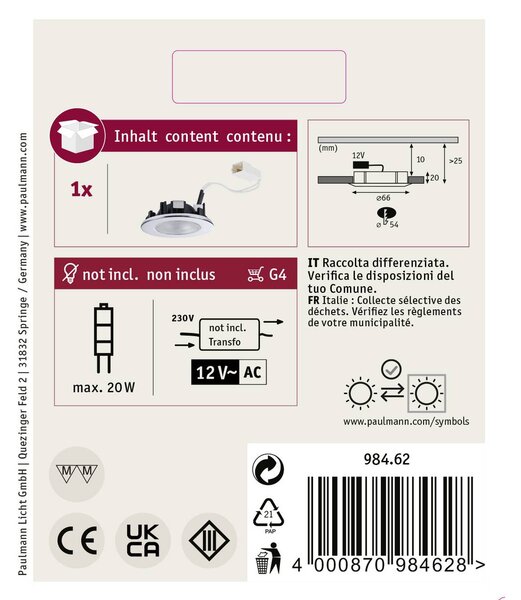 Paulmann Structure Beépíthető lámpa LED, Halogén G4 20 W Króm (98462)
