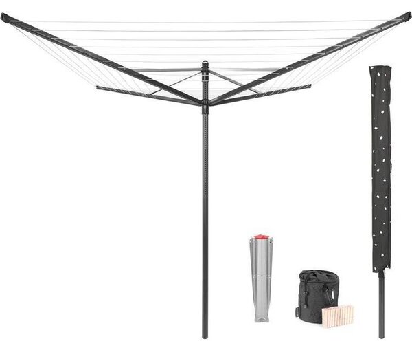 Brabantia Rotary Dryer Lift-O-Matic kerti ruhaszárító 50m, UV-álló, forgatható, D=45mm, állítható magasság, rögzítése földbe szúrható fém konzollal, védőzsákkal, csipesztartóval, antracit - 290503
