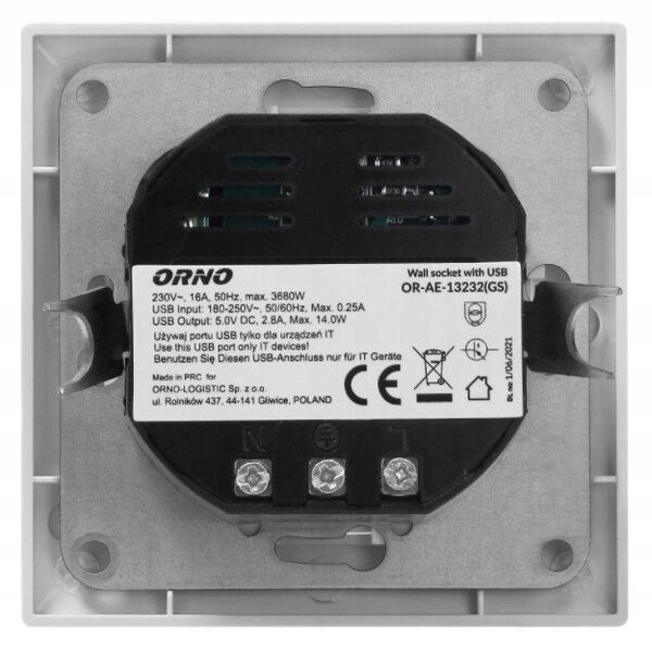 Orno Egyetlen 2P+Z Schuko Aljzat, USB-A és USB-C, 5Vdc Kimenet, Max 2,8A