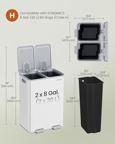 SONGMICS szelektív szemetes, 2 x 30 L, lágy záródás, matt fehér