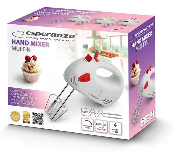 Esperanza Muffin kézimixer 150W fehér-piros