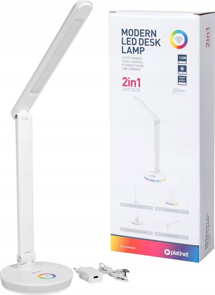 PLATINET Asztali lámpa RGB, 12W, USB-A és USB-C töltő portal, 6000K, 500 Lumen, fehér