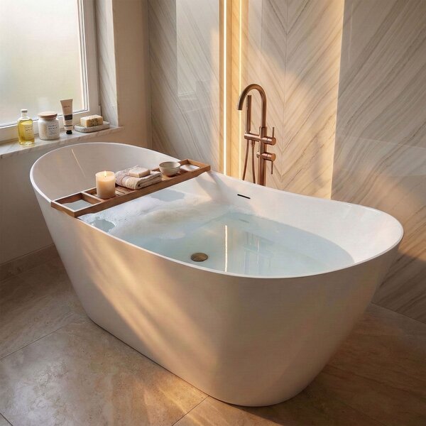 Rea FERRANO Slim, szabadon álló kád 1520×730×670 mm, fehér, fehér lefolyófedél, REA-W0080