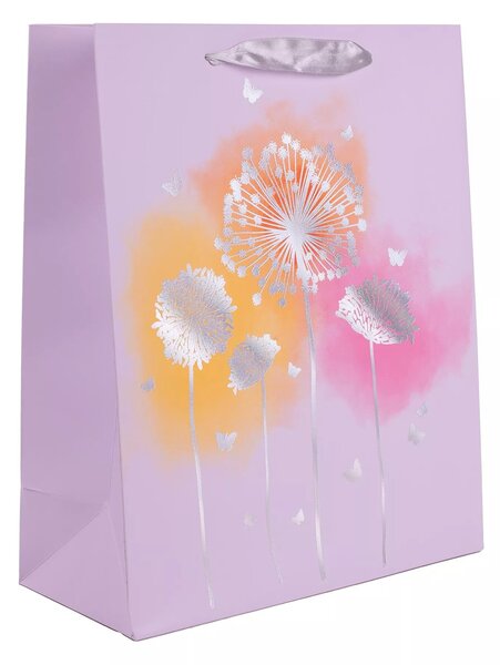 Szalagfüles papír Ajándéktasak Pitypang hologramos mintával (18 x 23 cm) - Rózsaszín/Mintás
