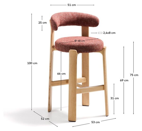 Terrakotta színű-világos natúr színű kőrisfa bárszék (ülésmagasság 75 cm) Granite – Kave Home
