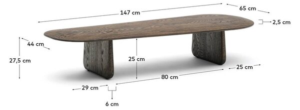 Sötétbarna tölgyfa dohányzóasztal 64x146 cm Pirita – Kave Home