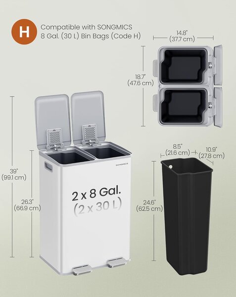 SONGMICS szelektív szemetes, 2 x 30 L, lágy záródás, matt fehér