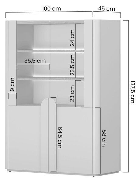 Amilio vitrines szekrény 100 cm, kétszárnyú - eukaliptusz / baltic dune tölgy / natúr tölgy fogantyúk