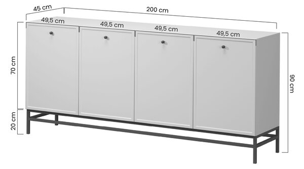 Lorini négyajtós komód 200 cm - kasmír / fekete T-bar fogantyúk / fém lábak