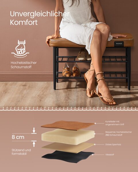 VASAGLE EKHO LSB054K01 cipős pad műbőr varrással karamell 80 x 30 x 50 cm 135 kg teherbírás