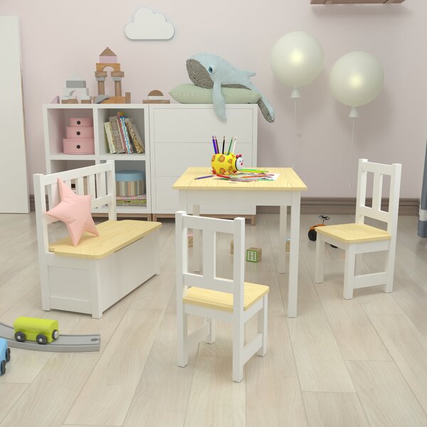 Gyerekbútor szett Lousame asztal 2 székkel és paddal natúr / fehér