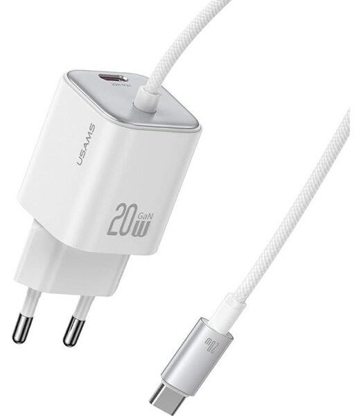 Usams JC Mini Hálózati Töltő Type-C Aljzat 20W, Gan + Fix Type-C Kábel, Fehér