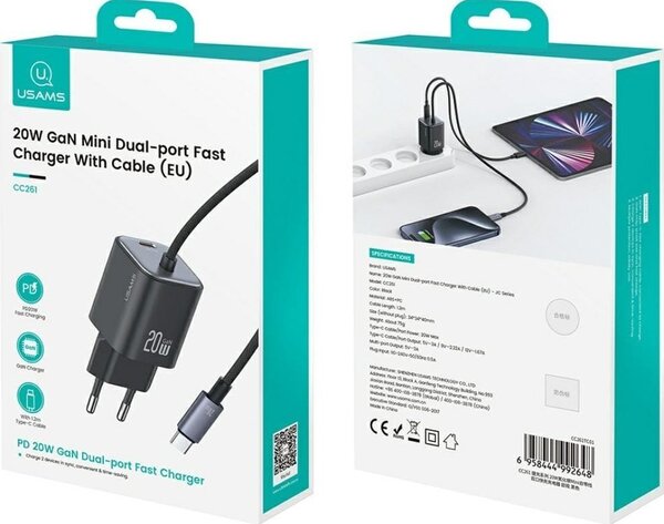 Usams JC Mini Hálózati Töltő Type-C Aljzat 20W, Gan + Fix Type-C Kábel, Fehér