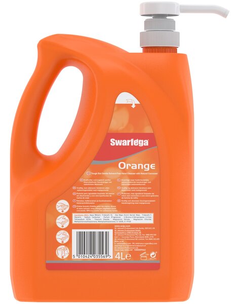SCJP Swarfega Orange Heavy Duty ipari kézmosó közepesen makacs olajos, zsíros szennyeződésekre, kukoricacsutka őrleménnyel, narancs illat, erős tisztítóhatás: 4/5, 4L pumpás kanna