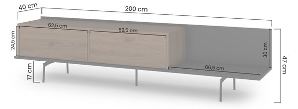 Zenar TV-szekrény 200 cm fém lábakkal - elegant dió / fekete