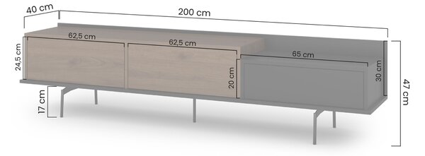 Zenar TV-szekrény 200 cm fém lábakkal és fiókkal - elegáns dió / fekete