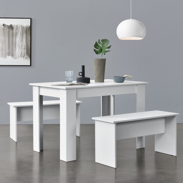 Asztal-pad szett 4 fő részére étkezőasztal 110 x 70 cm két paddal fehér