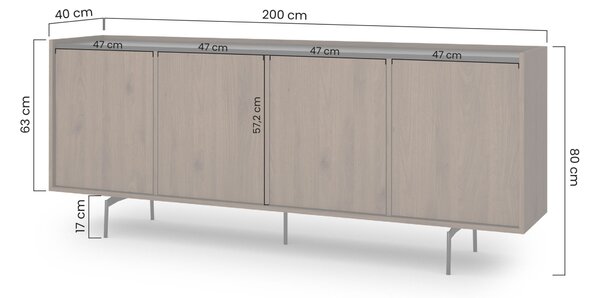 Zenar komód 200 cm 4 ajtós - elegáns dió / fekete