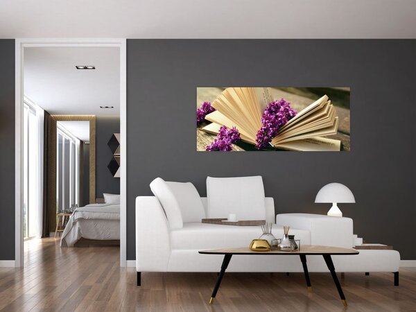 Kép egy könyvröl és a lila virágok (120x50 cm)