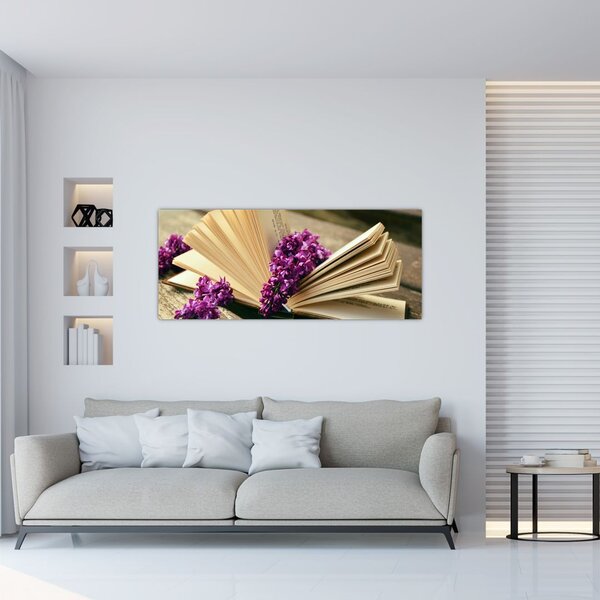 Kép egy könyvröl és a lila virágok (120x50 cm)