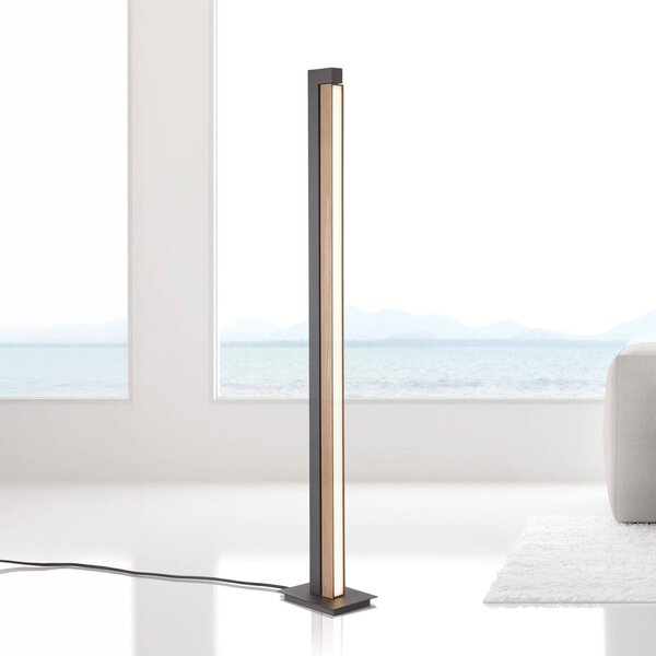 PURE LED állólámpa Lines, fekete, fa, távirányítóval, 140 cm, dimmelhető, Világos fa, Nappali / Étkező, Fa