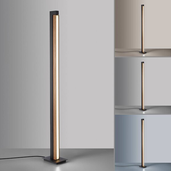 PURE LED állólámpa Lines, fekete, fa, távirányítóval, 140 cm, dimmelhető, Világos fa, Nappali / Étkező, Fa