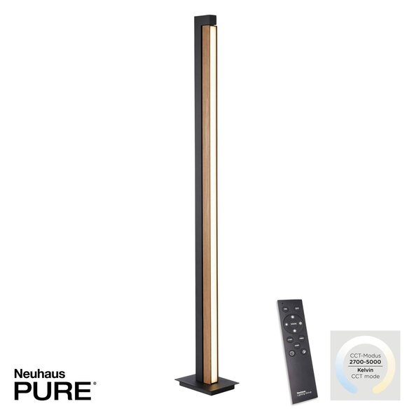 PURE LED állólámpa Lines, fekete, fa, távirányítóval, 140 cm, dimmelhető, Világos fa, Nappali / Étkező, Fa