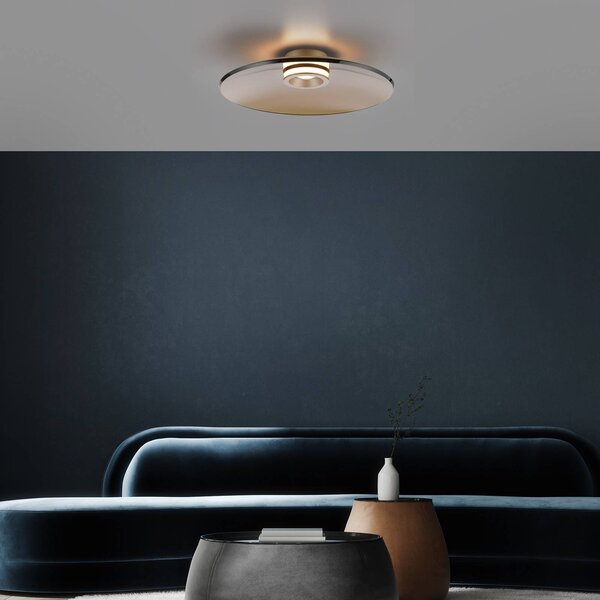 PURE LED mennyezeti lámpa Moon, bronz, Ø 50 cm, üveg/alumínium, dimmelhető, Bronz / antik sárgaréz, Nappali / Étkező, Üveg, Modern