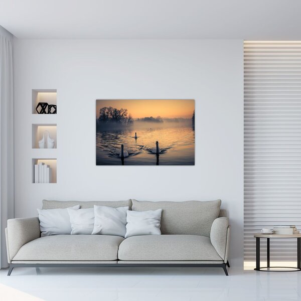 Hattyúk a vizen és a ködben képe (90x60 cm)