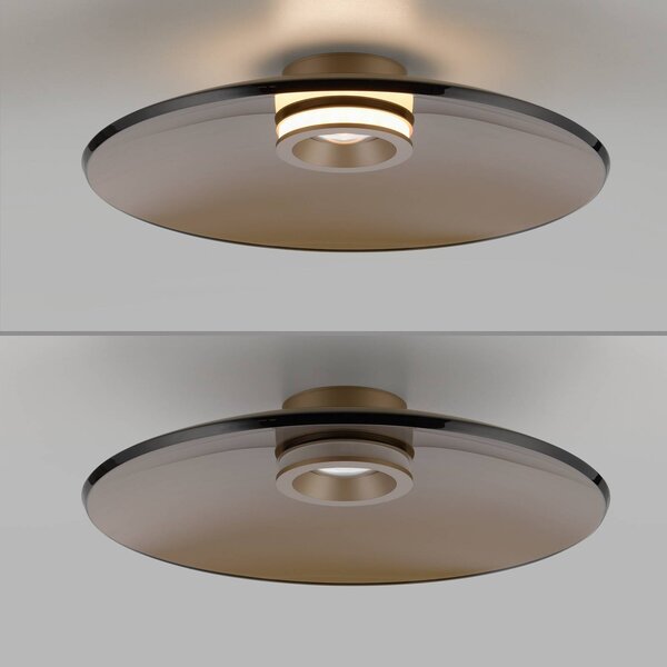 PURE LED mennyezeti lámpa Moon, bronz, Ø 50 cm, üveg/alumínium, dimmelhető, Bronz / antik sárgaréz, Nappali / Étkező, Üveg, Modern