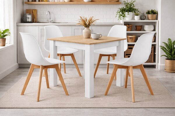 Étkezőasztal szett: NP 80×80 cm sonoma/fehér + 4 db KITO szék fehér/natúr láb