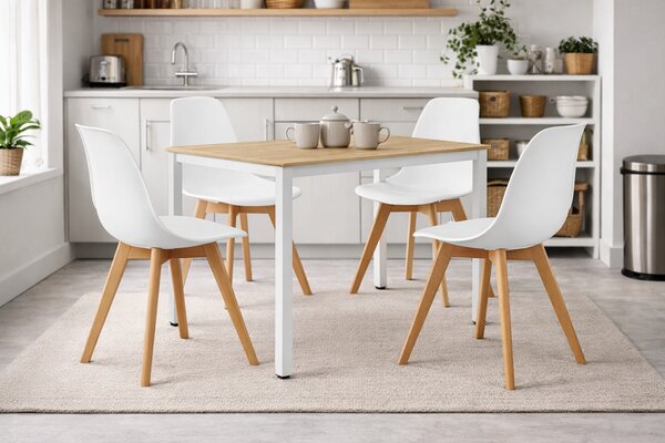 Étkezőasztal szett: Tessa 120×60 cm tölgy/fehér + 4 db KITO szék fehér/natúr láb