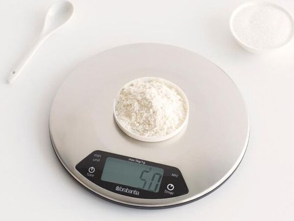 Brabantia Profile digitális konyhai mérleg időzítővel, 5kg teherbírás, 1g pontosság, megvilágított LCD kijelző, elemes, r.m. acél, selyem matt - 480560