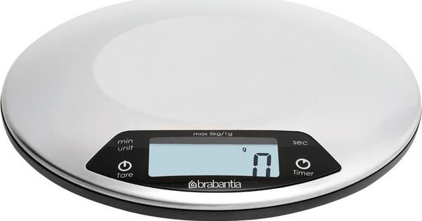 Brabantia Profile digitális konyhai mérleg időzítővel, 5kg teherbírás, 1g pontosság, megvilágított LCD kijelző, elemes, r.m. acél, selyem matt - 480560
