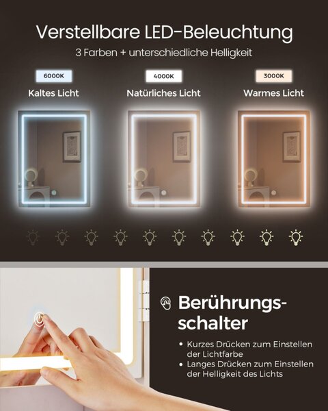 VASAGLE RDT624W01 fésülködőasztal LED világítással tükörrel felhőfehér