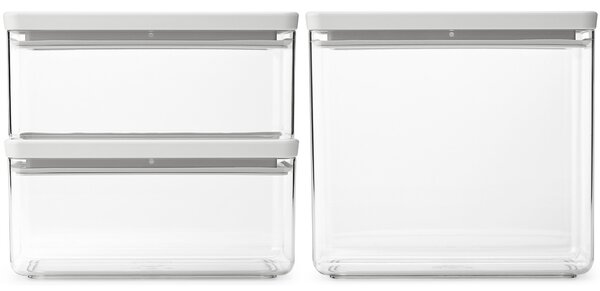 BRABANTIA tárolóedény készlet. 3db-os. 2x1.5L/1x3.5L. egymásra rakható. légmentes záródás. szögletes. világosszürke. átlátszó műanyag tartály - 230806