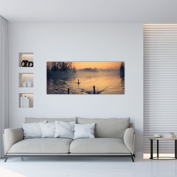Hattyúk a vizen és a ködben képe (120x50 cm)