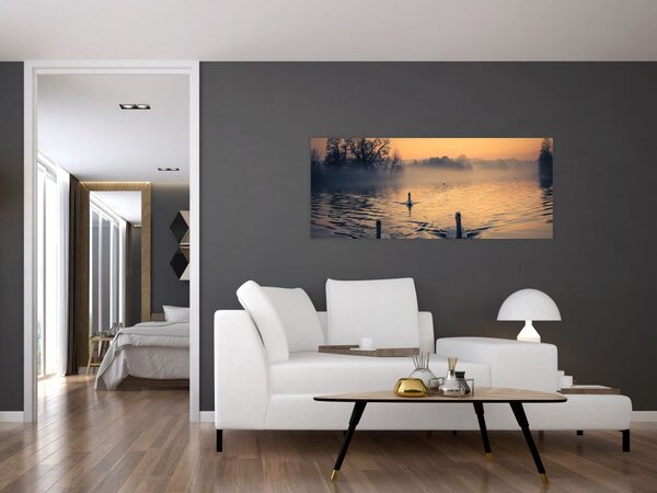 Hattyúk a vizen és a ködben képe (120x50 cm)