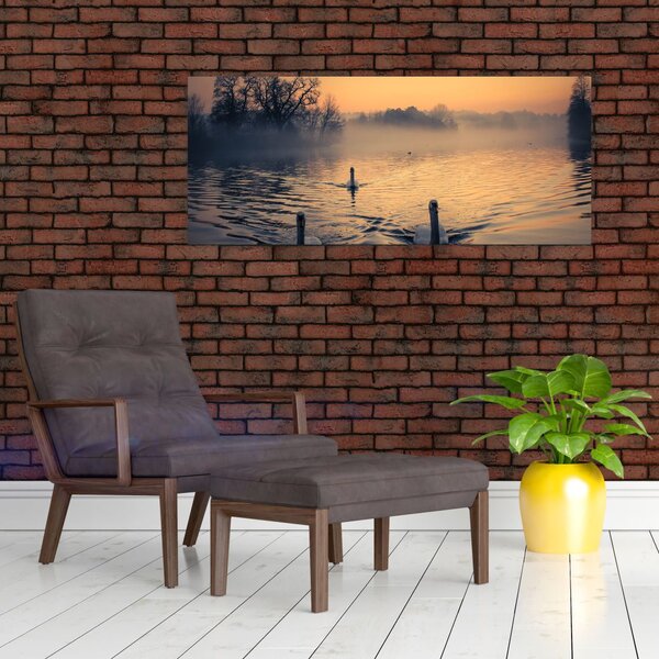 Hattyúk a vizen és a ködben képe (120x50 cm)