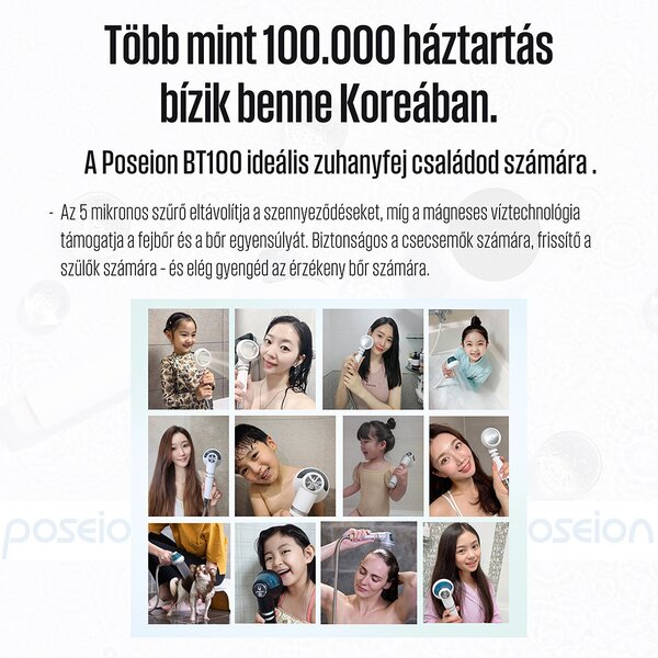 POSEION BT100® Prémium koreai revitalizáló zuhanyfej vízszűrővel, mágneses-ionizáló technológiával, szürke