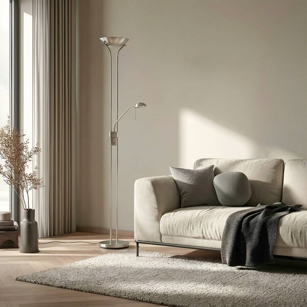 Lindby LED állólámpa Josefin, nikkel, olvasólámpa, dimmelhető, dimmelhető, Alu / szürke / cink, Nappali / Étkező, fém, Modern